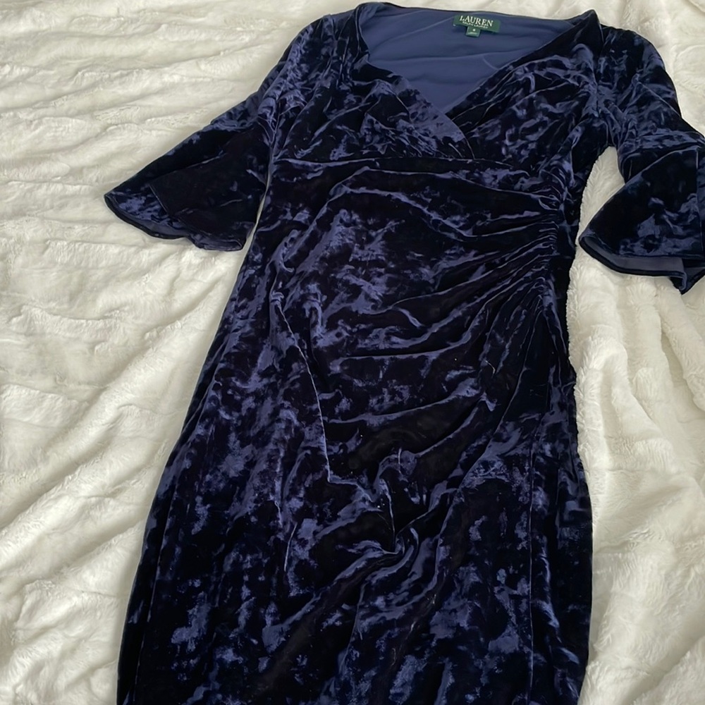Ralph Lauren flutter sleeve cinch waist velour dress